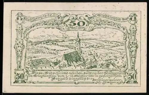 Notgeld Grieskirchen 1920, 50 Heller, Stadtszene und dekoratives Rahmenmotiv