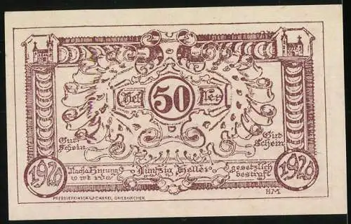 Notgeld Grieskirchen 1920, 50 Heller, Stadtansicht mit Kirche und kunstvolles Ornamentdesign