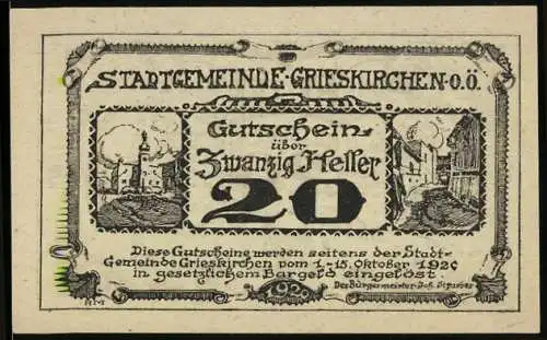 Notgeld Grieskirchen 1920, 20 Heller, Stadtansicht und kunstvolle Ornamente