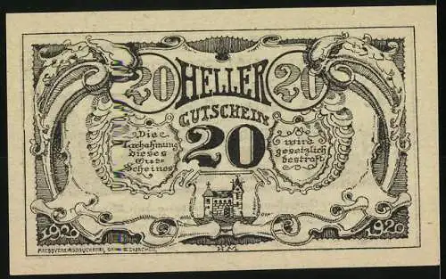 Notgeld Grieskirchen 1920, 20 Heller, Stadtansicht und kunstvolle Ornamente