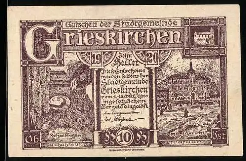 Notgeld Grieskirchen 1920, 10 Heller, historische Stadtansichten und Gebäude