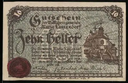 Notgeld Maria-Lanzendorf 1920, 10 Heller, Kirche mit Turm, rotes Siegel, Gemeindestempel