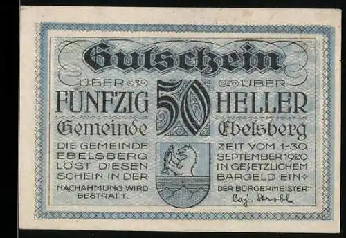 Notgeld Ebelsberg 1920, 50 Heller, Stadtansicht Ebelsberg 1677, Wappen mit Löwe