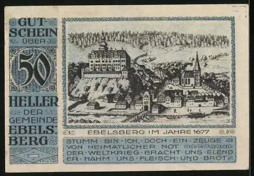 Notgeld Ebelsberg 1920, 50 Heller, Stadtansicht Ebelsberg 1677, Wappen mit Löwe