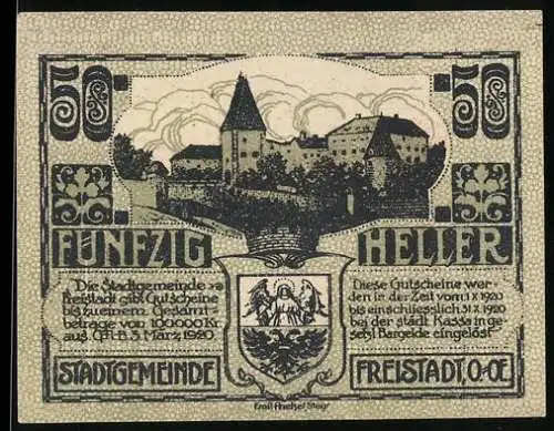 Notgeld Freistadt 1920, 50 Heller, Stadtansicht mit Wappen und gotischer Schrift, gültig bis Oktober 1920