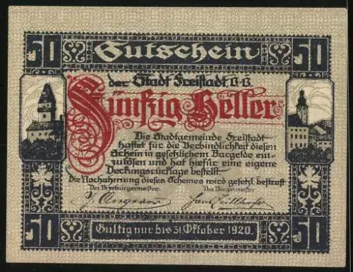 Notgeld Freistadt 1920, 50 Heller, Stadtansicht mit Wappen und gotischer Schrift, gültig bis Oktober 1920