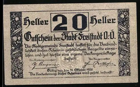 Notgeld Freistadt 1920, 20 Heller, Stadtmotiv und florale Ornamente