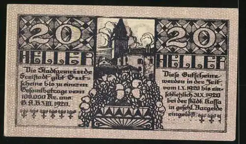 Notgeld Freistadt 1920, 20 Heller, Stadtmotiv und florale Ornamente