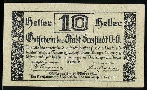 Notgeld Freistadt 1920, 10 Heller, Stadtansicht mit Turm und Blumenornamenten