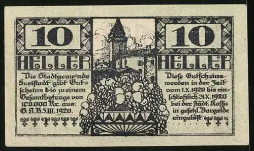 Notgeld Freistadt 1920, 10 Heller, Stadtansicht mit Turm und Blumenornamenten