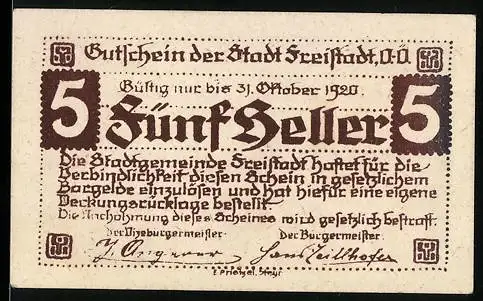 Notgeld Freistadt 1920, 5 Heller, mit Stadtmauer und Schloss, Seriennummer und Wappen