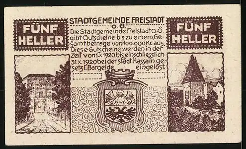 Notgeld Freistadt 1920, 5 Heller, mit Stadtmauer und Schloss, Seriennummer und Wappen