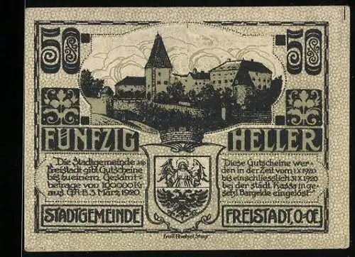 Notgeld Freistadt 1920, 50 Heller, Stadtansicht und Wappen, Gültigkeit bis 31. Oktober 1920