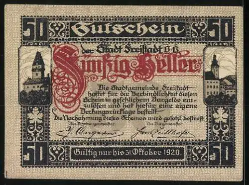 Notgeld Freistadt 1920, 50 Heller, Stadtansicht und Wappen, Gültigkeit bis 31. Oktober 1920