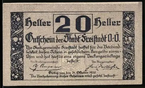 Notgeld Freistadt 1920, 20 Heller, Turmmotiv und dekorative Muster, gültig bis 31. Oktober 1920