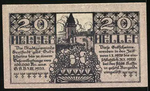 Notgeld Freistadt 1920, 20 Heller, Turmmotiv und dekorative Muster, gültig bis 31. Oktober 1920