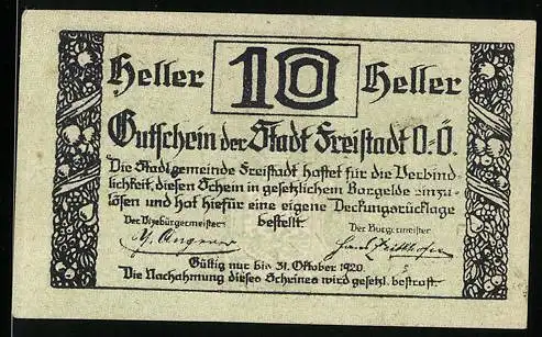 Notgeld Freistadt 1920, 10 Heller, Turm und Stadtlandschaft, kunstvolle Ornamente