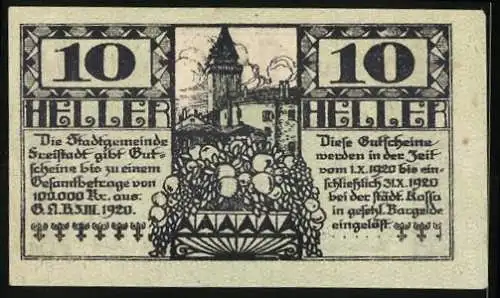 Notgeld Freistadt 1920, 10 Heller, Turm und Stadtlandschaft, kunstvolle Ornamente