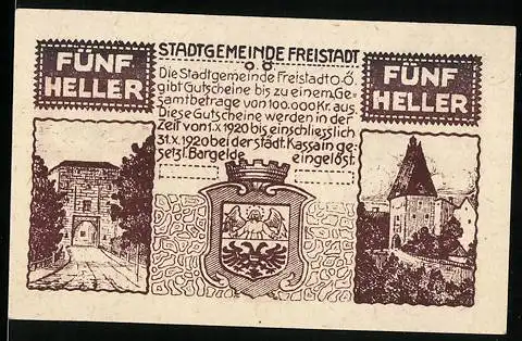 Notgeld Freistadt 1920, 5 Heller, Stadtmotive mit Tor und Turm, Wappen der Stadtgemeinde