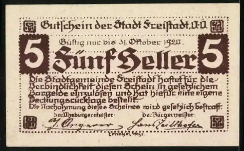 Notgeld Freistadt 1920, 5 Heller, Stadtmotive mit Tor und Turm, Wappen der Stadtgemeinde