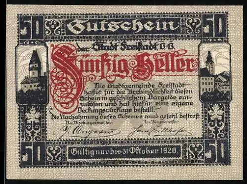 Notgeld Freistadt 1920, 50 Heller, Stadtansicht und Wappen, gültig bis Oktober 1920