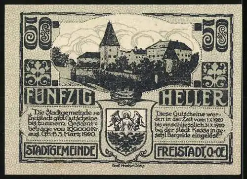 Notgeld Freistadt 1920, 50 Heller, Stadtansicht und Wappen, gültig bis Oktober 1920