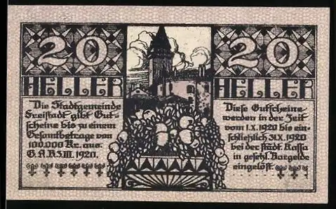 Notgeld Freistadt 1920, 20 Heller, Stadtansicht mit Turm und florale Muster