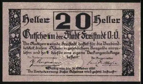 Notgeld Freistadt 1920, 20 Heller, Stadtansicht mit Turm und florale Muster