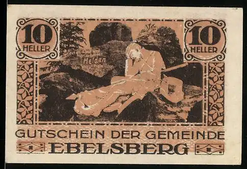 Notgeld Ebelsberg 1920, 10 Heller, schlafender Soldat und Wappen der Gemeinde