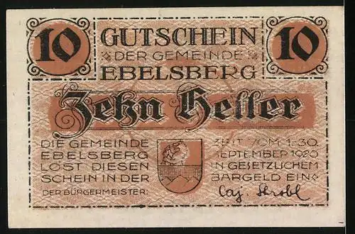 Notgeld Ebelsberg 1920, 10 Heller, schlafender Soldat und Wappen der Gemeinde