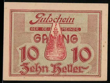 Notgeld Gaming 1920, 10 Heller, Denkmalmotiv und rote Schrift