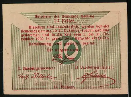 Notgeld Gaming 1920, 10 Heller, Denkmalmotiv und rote Schrift