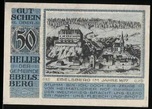 Notgeld Ebelsberg 1920, 50 Heller, Stadtansicht 1677 mit Wappen und Text über Heimatnot