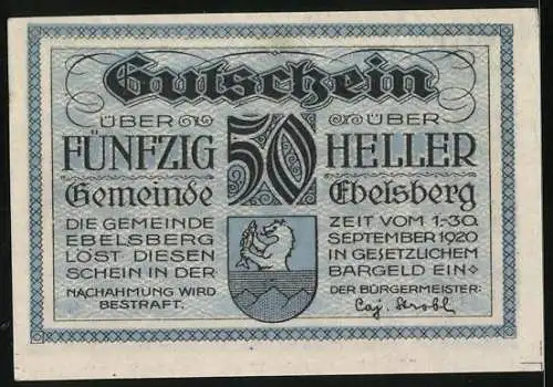 Notgeld Ebelsberg 1920, 50 Heller, Stadtansicht 1677 mit Wappen und Text über Heimatnot