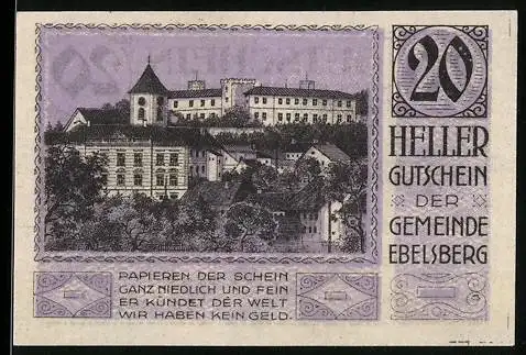 Notgeld Ebelsberg 1920, 20 Heller, Burgansicht, Wappen und Text