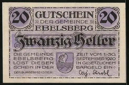 Notgeld Ebelsberg 1920, 20 Heller, Burgansicht, Wappen und Text