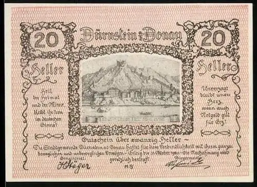 Notgeld Dürnstein 1920, 20 Heller, Burgansicht mit Landschaftspanorama