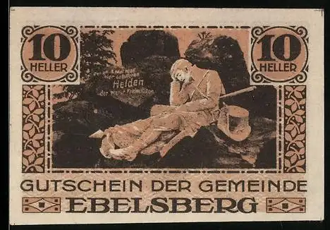 Notgeld Ebelsberg 1920, 10 Heller, schlafender Soldat, Den Helden der Weltkriege, Wappen vorhanden