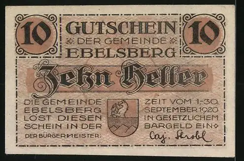 Notgeld Ebelsberg 1920, 10 Heller, schlafender Soldat, Den Helden der Weltkriege, Wappen vorhanden