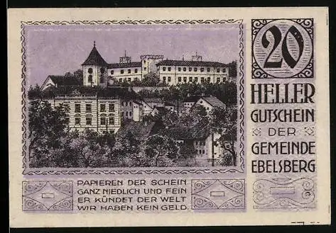 Notgeld Ebelsberg 1920, 20 Heller, Stadtansicht und Wappen der Gemeinde