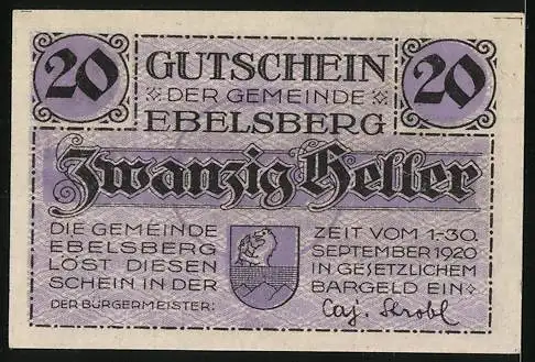 Notgeld Ebelsberg 1920, 20 Heller, Stadtansicht und Wappen der Gemeinde