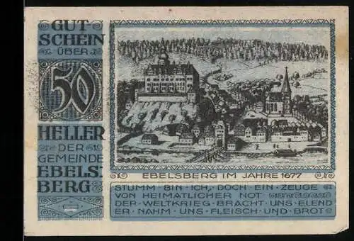 Notgeld Ebelsberg 1920, 50 Heller, Stadtansicht von 1677, Wappen und Text über Kriegsnot