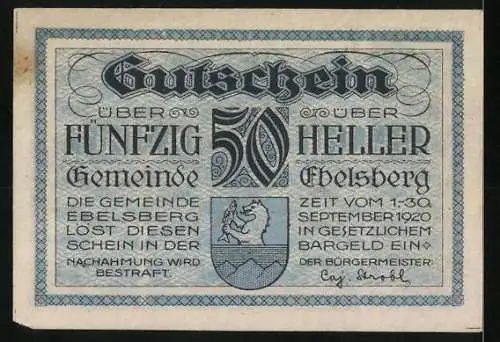 Notgeld Ebelsberg 1920, 50 Heller, Stadtansicht von 1677, Wappen und Text über Kriegsnot