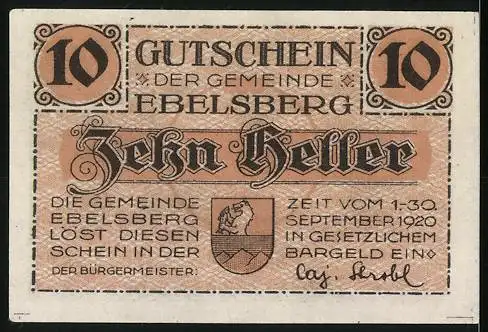 Notgeld Ebelsberg 1920, 10 Heller, ruhender Soldat, Text Den Helden der Nation