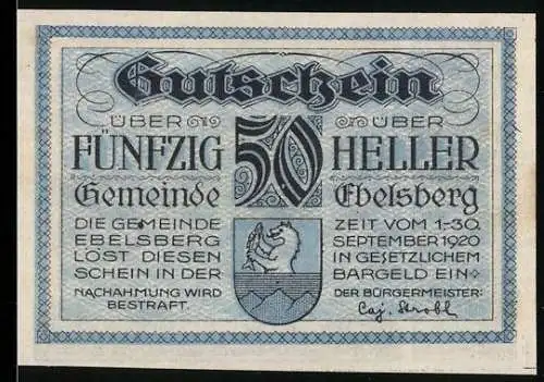 Notgeld Ebelsberg 1920, 50 Heller, Landschaft mit Schloss und Kirche, Wappen mit Löwe