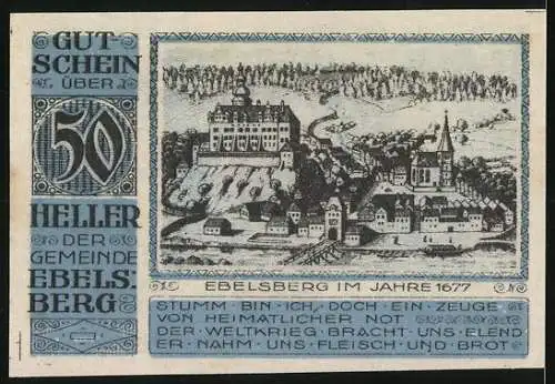 Notgeld Ebelsberg 1920, 50 Heller, Landschaft mit Schloss und Kirche, Wappen mit Löwe