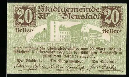 Notgeld Wiener Neustadt 1920, 20 Heller, Stadtansicht und Wasserturm