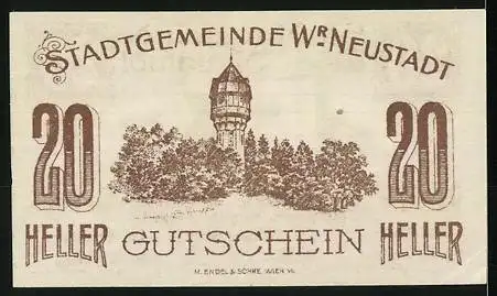 Notgeld Wiener Neustadt 1920, 20 Heller, Stadtansicht und Wasserturm