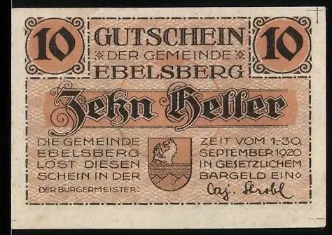 Notgeld Ebelsberg 1920, 10 Heller, Soldat mit Schild und Schriftzug den Helden des Weltkrieges