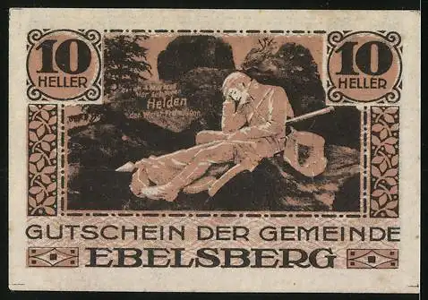 Notgeld Ebelsberg 1920, 10 Heller, Soldat mit Schild und Schriftzug den Helden des Weltkrieges